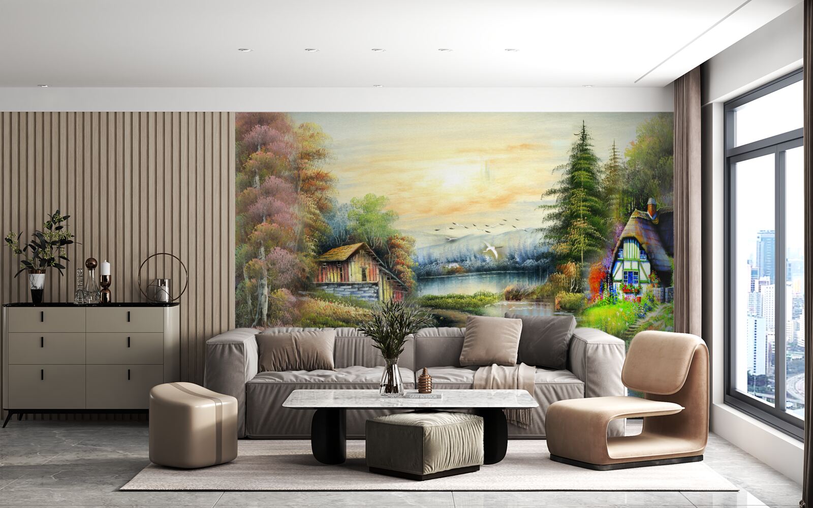 Фотошпалери чарівний будинок на березі озера в оточенні лісу