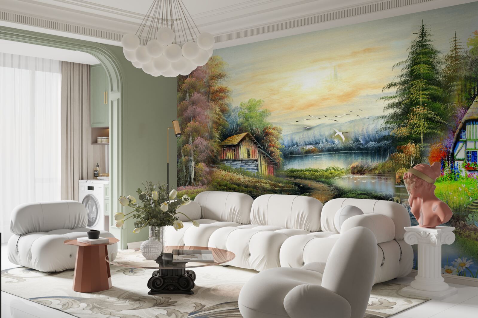 Фотошпалери чарівний будинок на березі озера в оточенні лісу