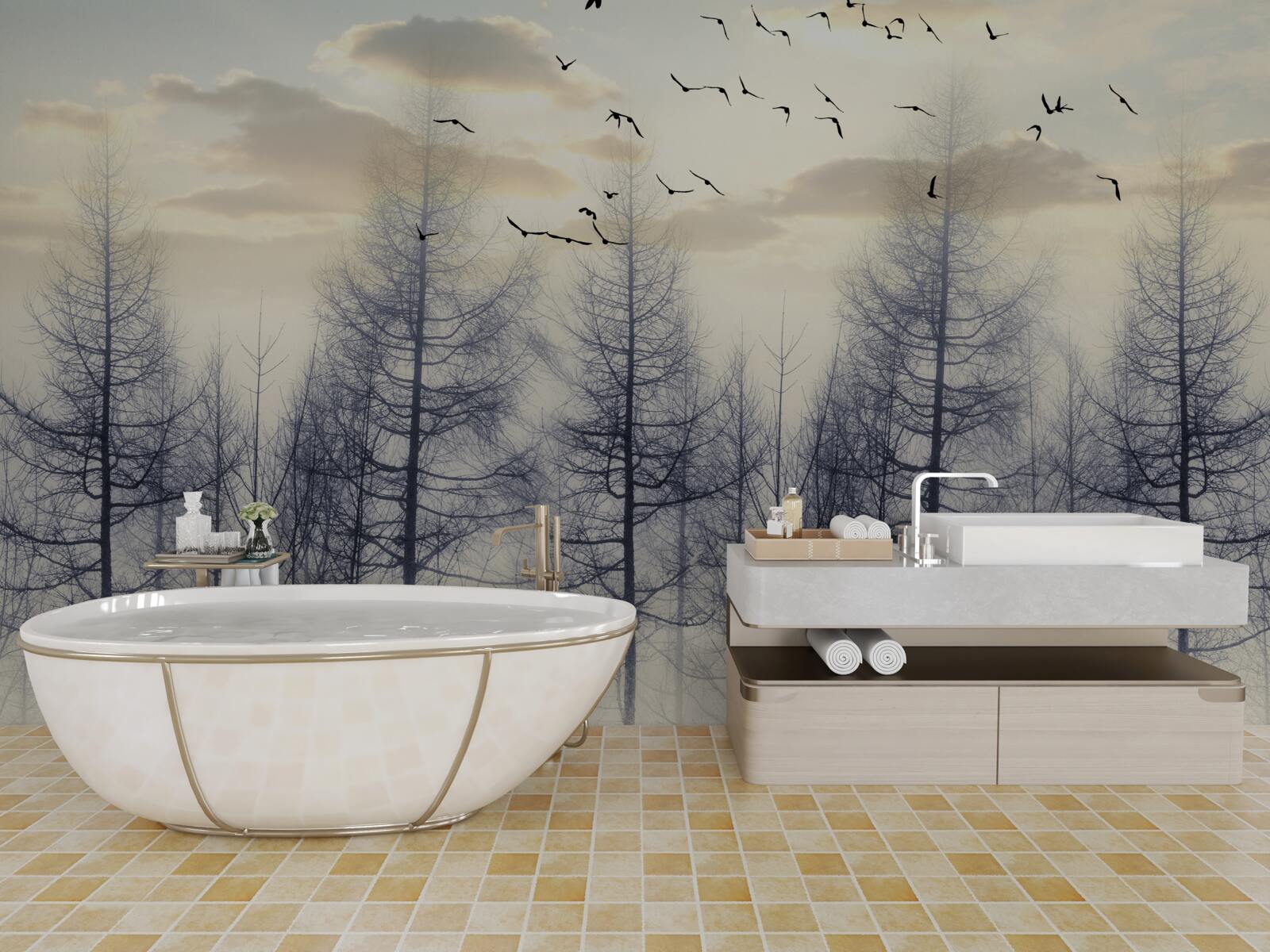 Фотошпалери ранній світанок у туманних лісах