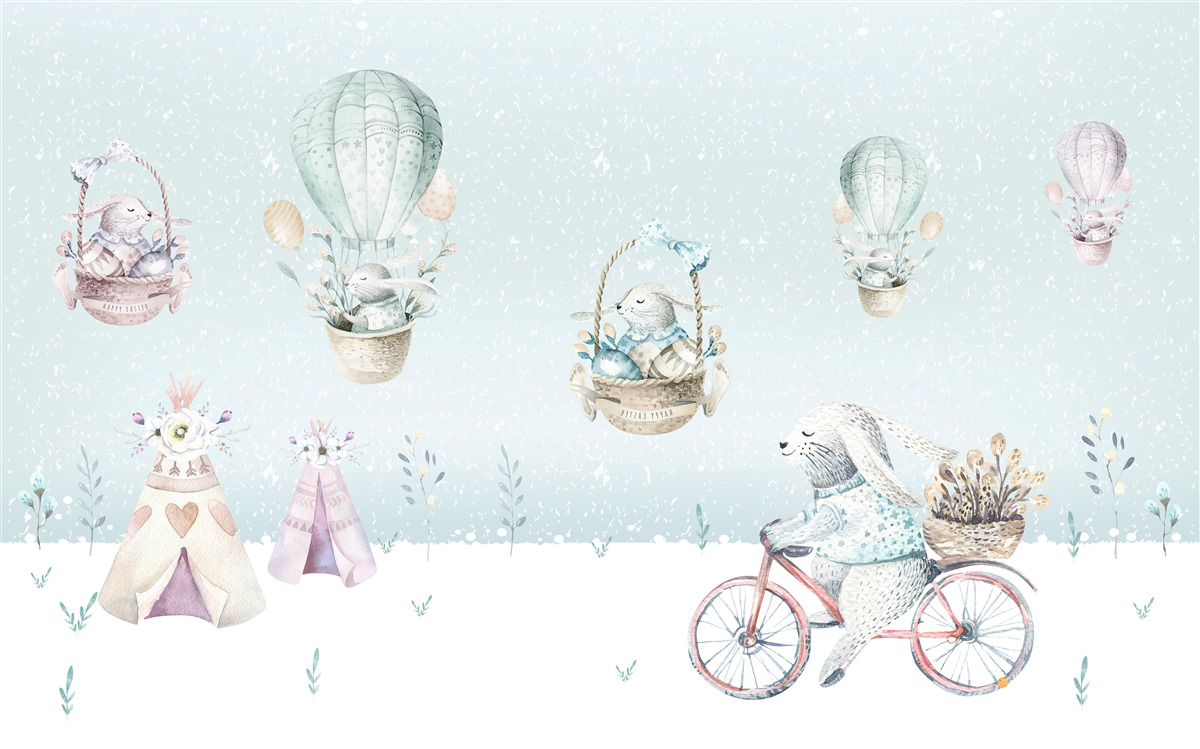 Фотошпалери зайчики катаються на повітряних кулях та велосипедах