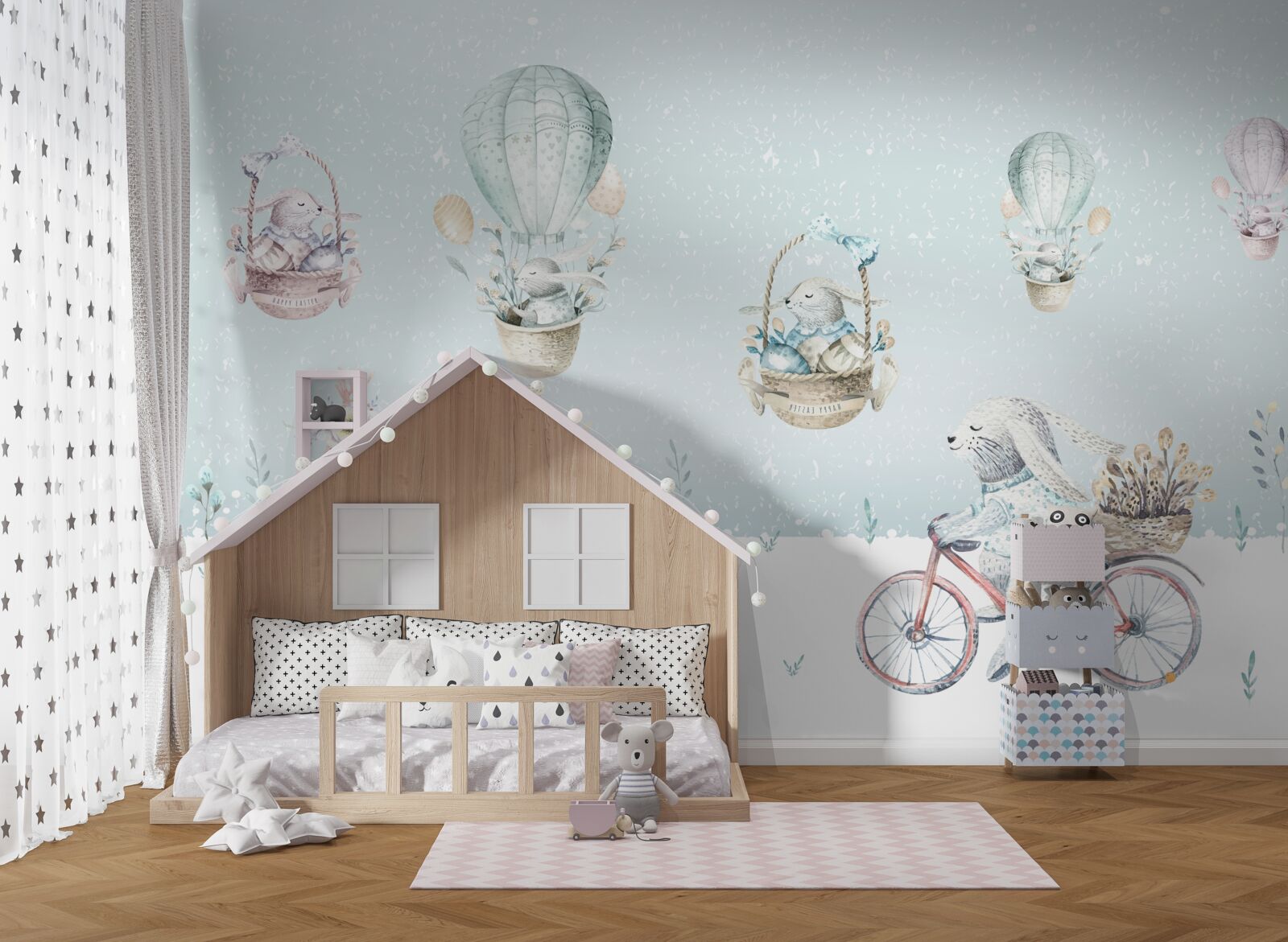 Фотошпалери зайчики катаються на повітряних кулях та велосипедах