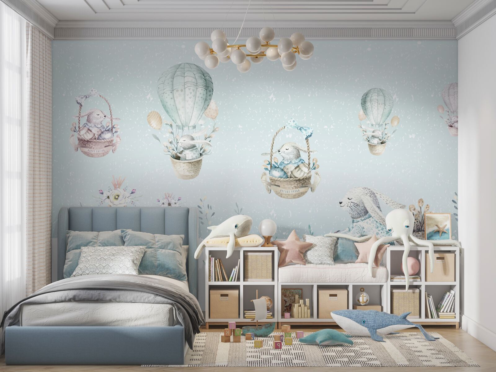 Фотошпалери зайчики катаються на повітряних кулях та велосипедах