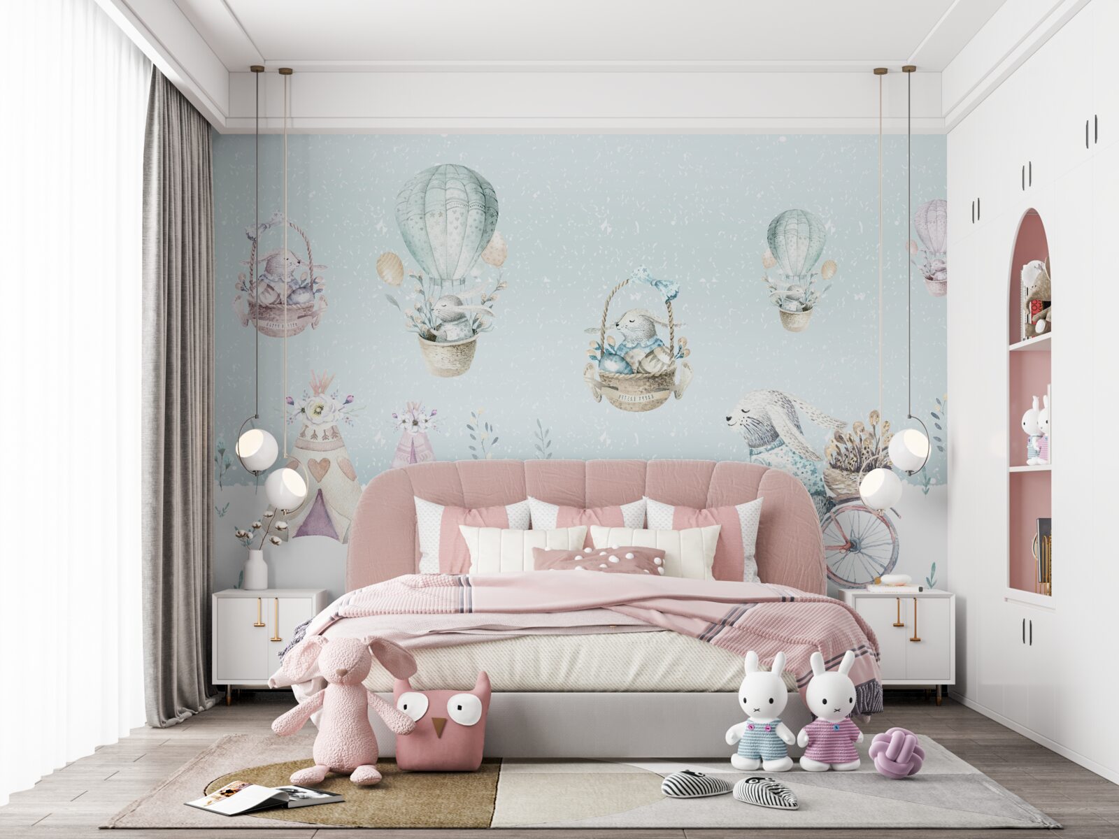 Фотошпалери зайчики катаються на повітряних кулях та велосипедах