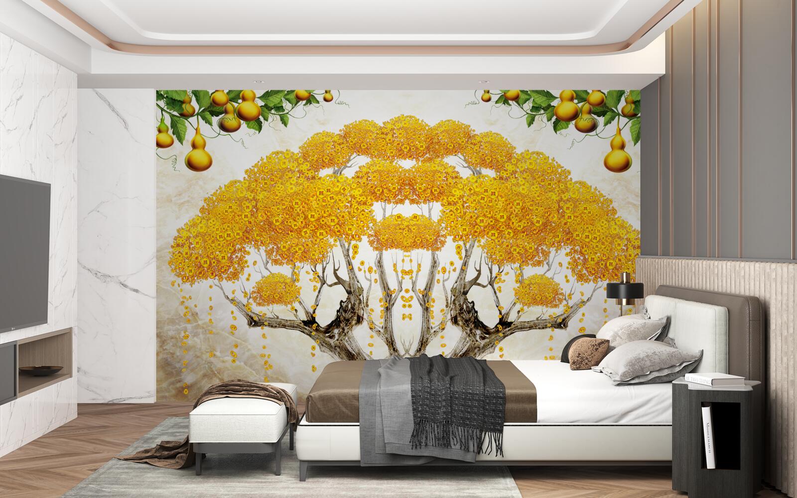 Фотошпалери на заході сонця дерево з жовтою кроною