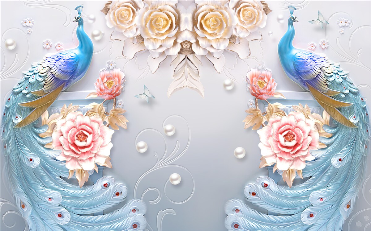 Фотошпалери павич і його партнерка з трояндами