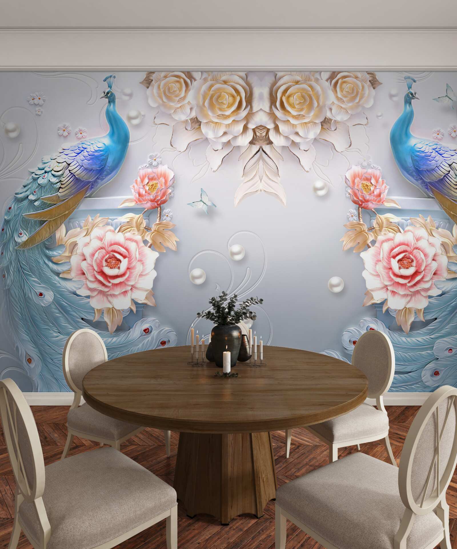 Фотошпалери павич і його партнерка з трояндами