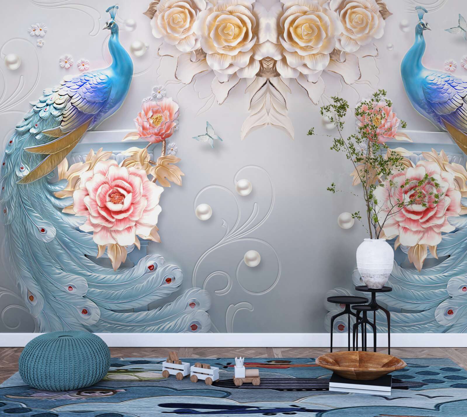 Фотошпалери павич і його партнерка з трояндами