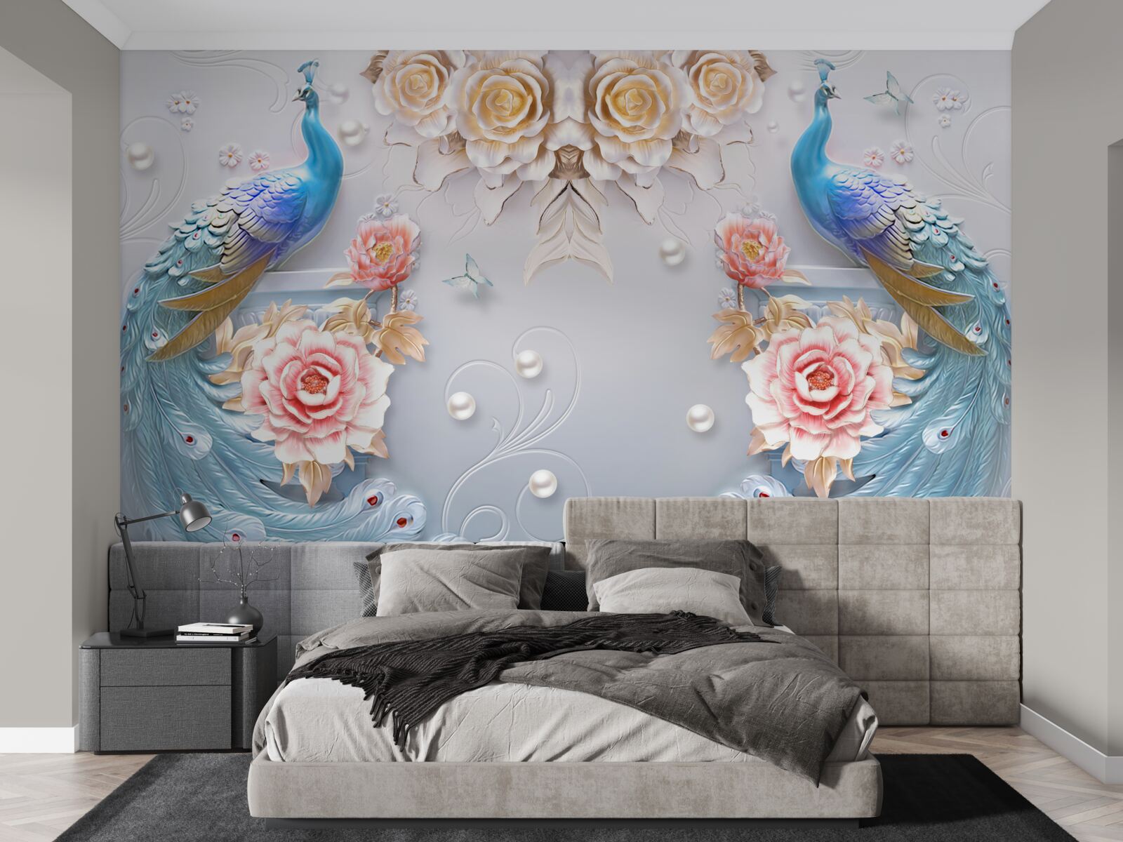 Фотошпалери павич і його партнерка з трояндами