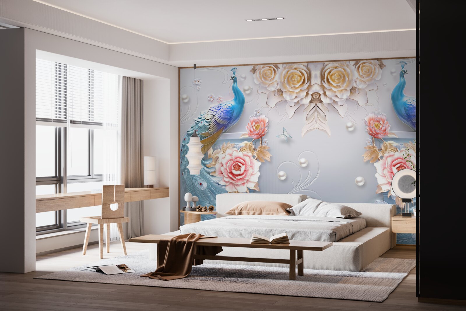 Фотошпалери павич і його партнерка з трояндами