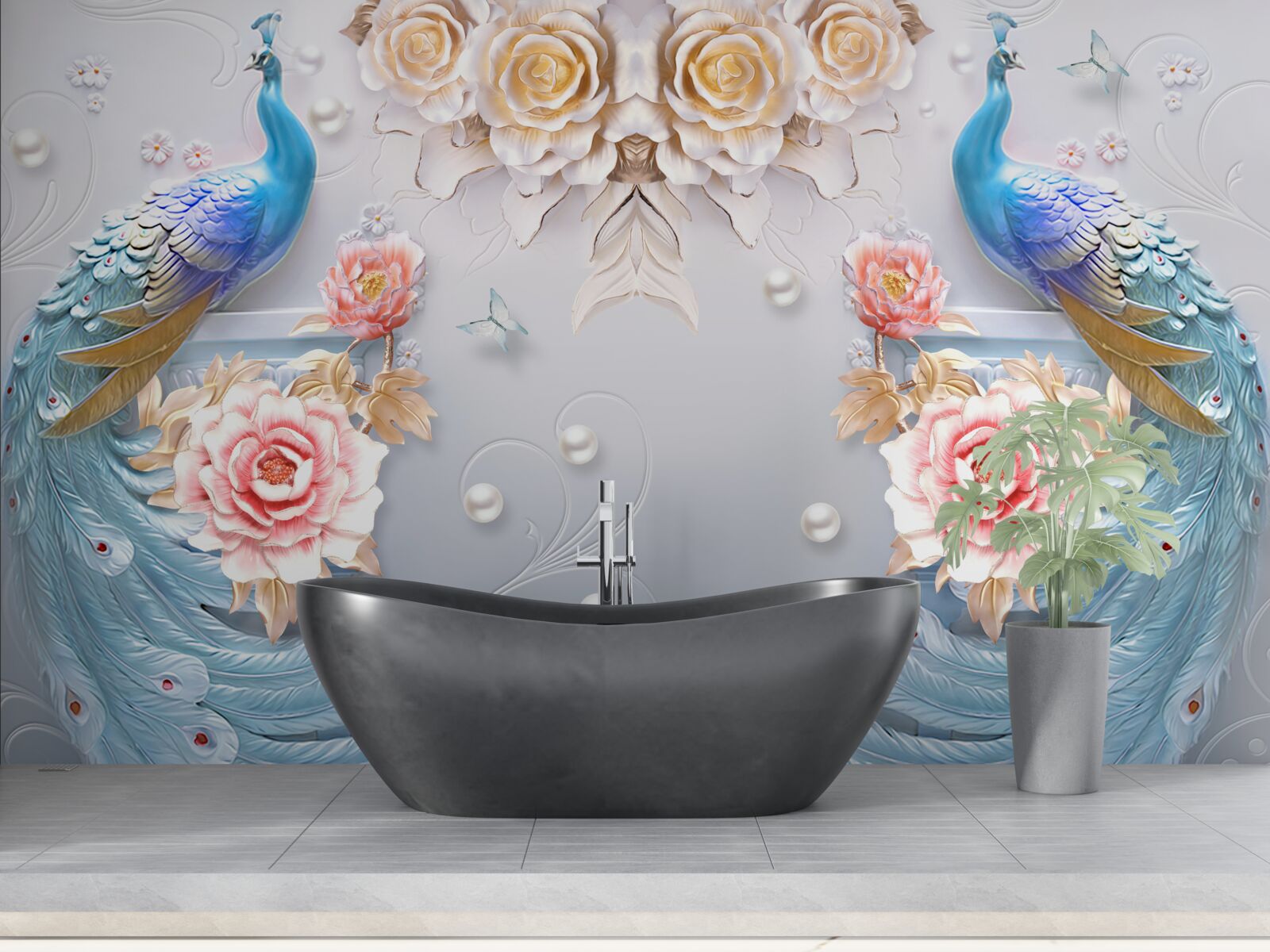 Фотошпалери павич і його партнерка з трояндами