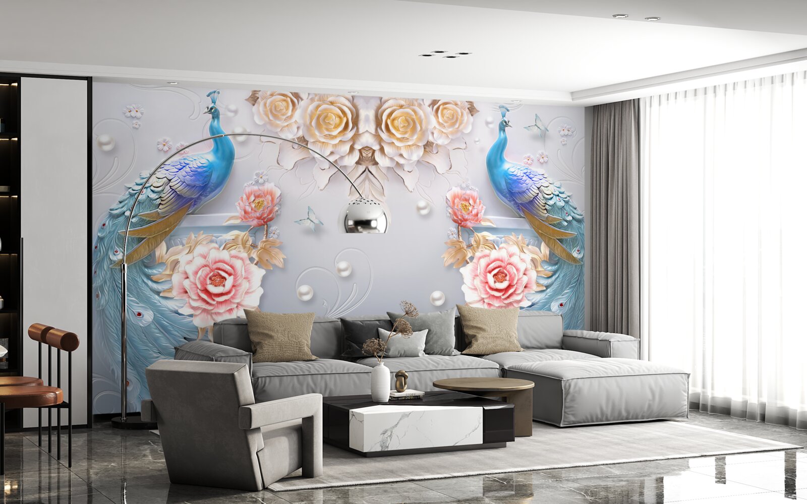 Фотошпалери павич і його партнерка з трояндами