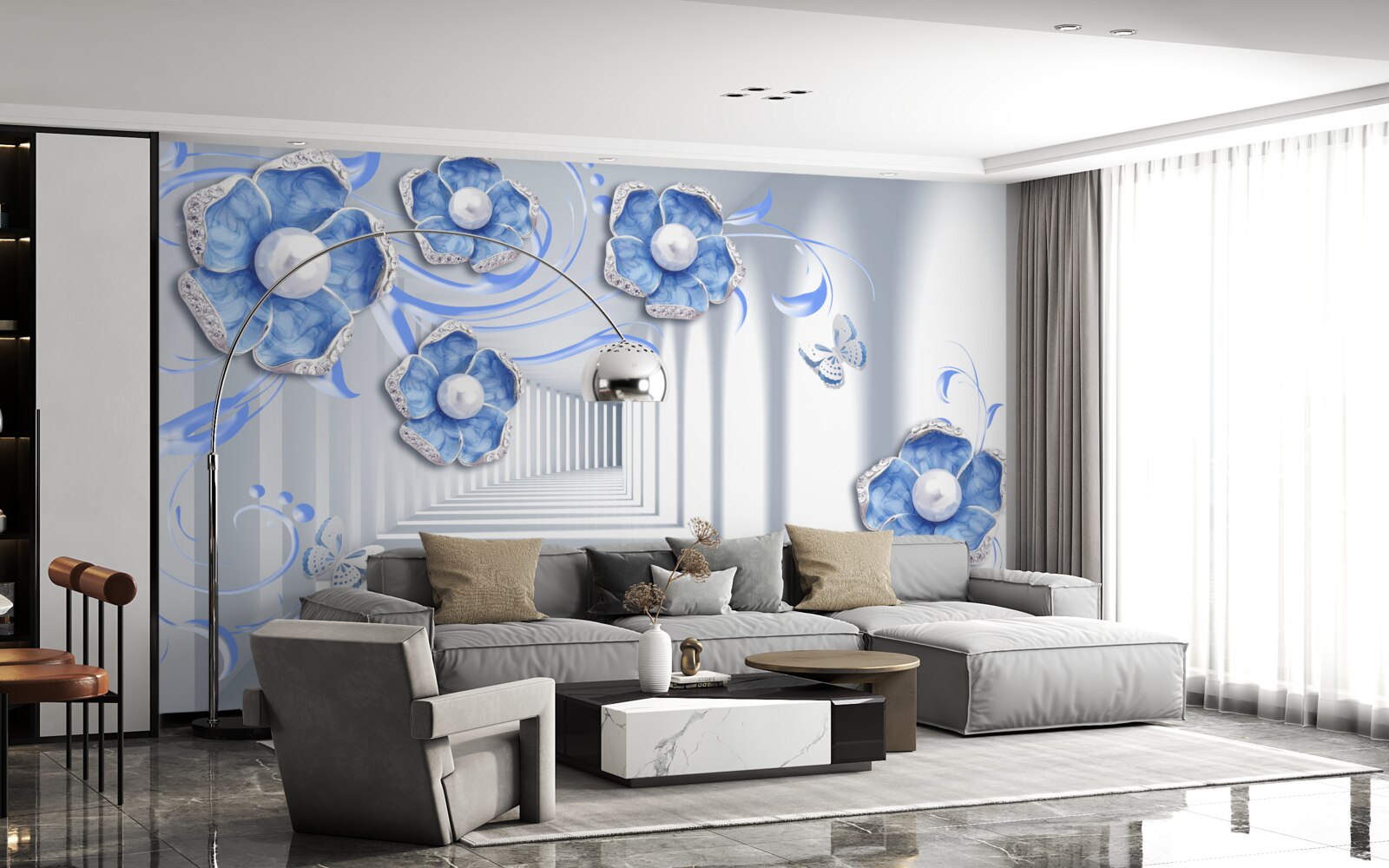 Фотошпалери блакитна флора в проході