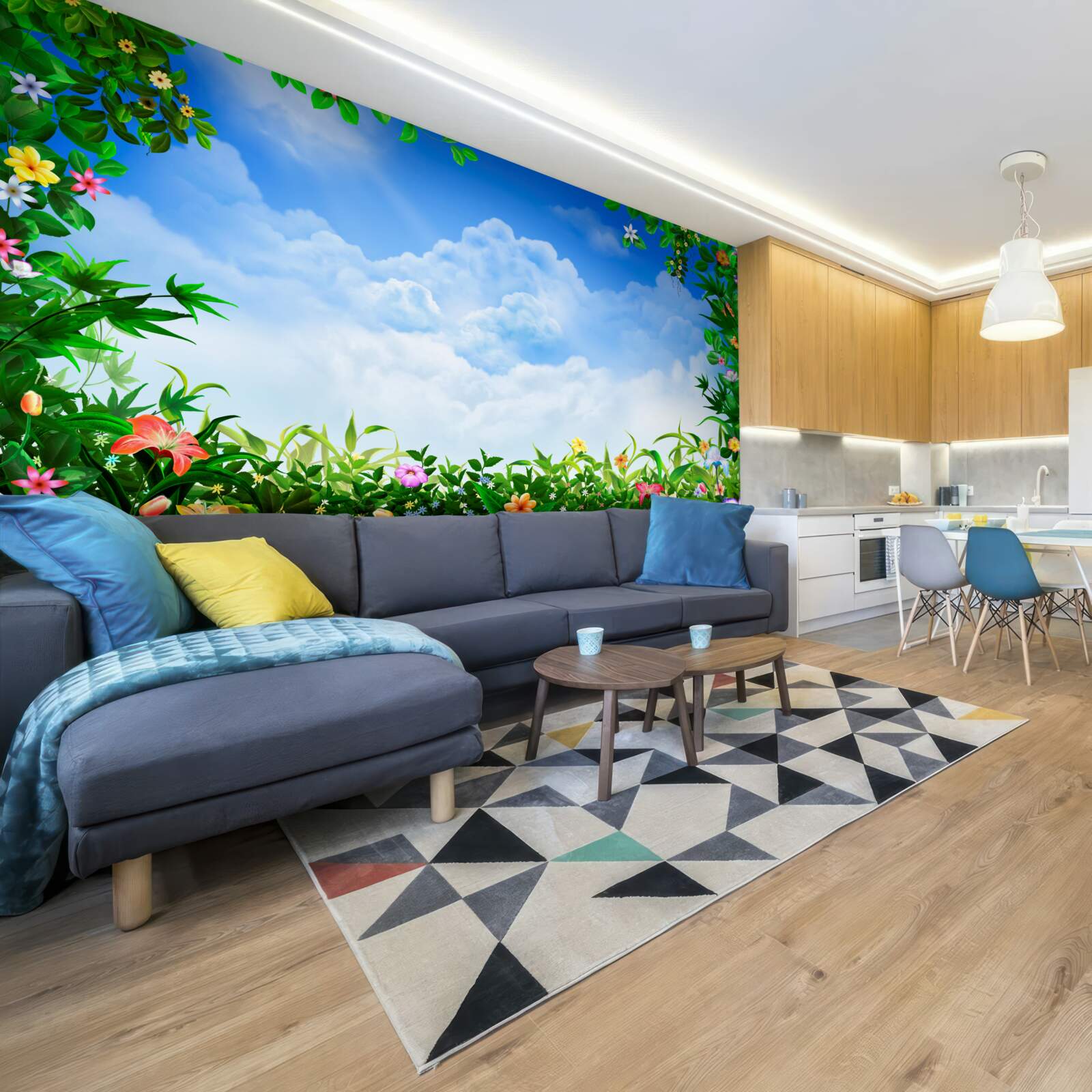 Фотошпалери зелене листя мерехтить під блакитними хмарами