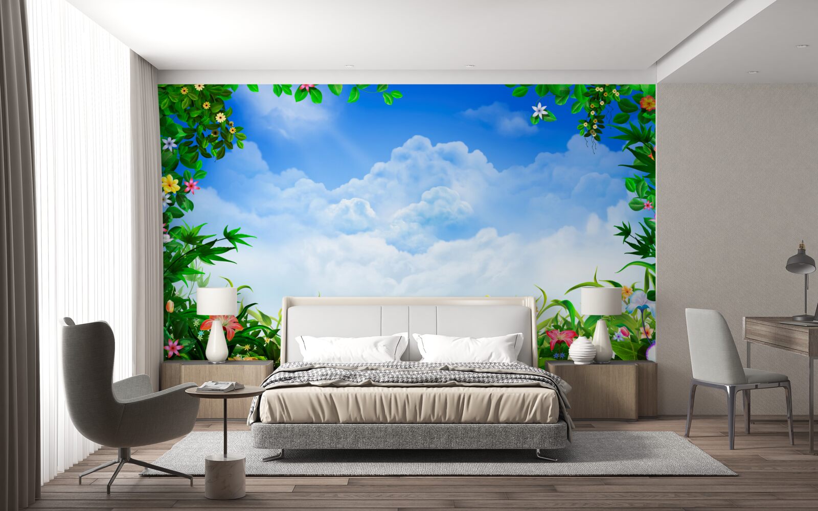 Фотошпалери зелене листя мерехтить під блакитними хмарами