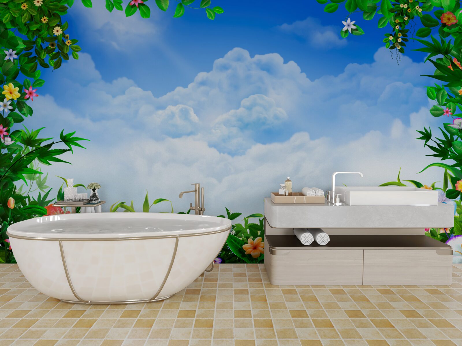 Фотошпалери зелене листя мерехтить під блакитними хмарами