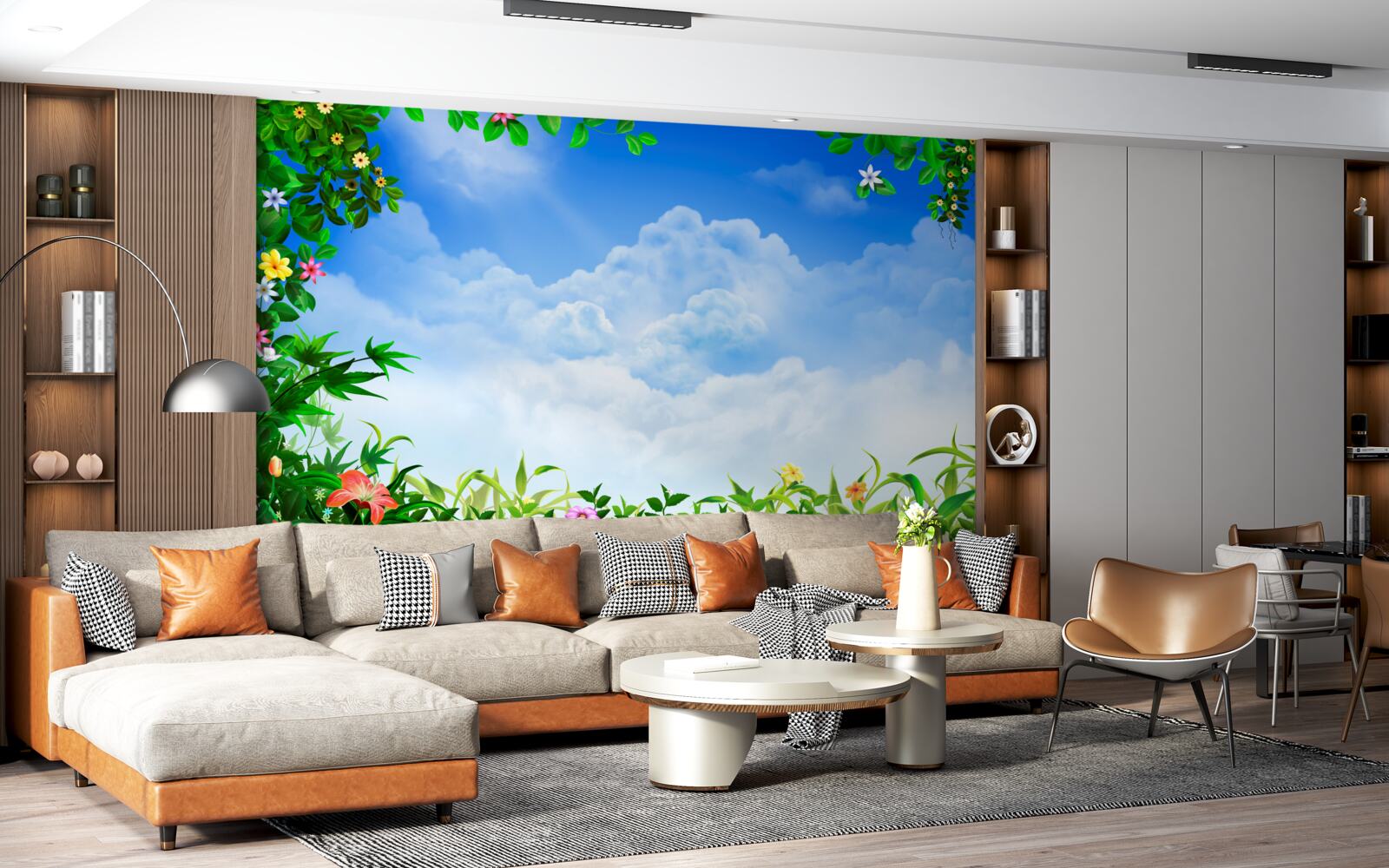 Фотошпалери зелене листя мерехтить під блакитними хмарами