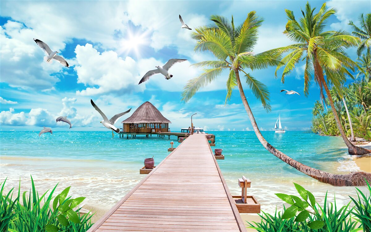 Фотошпалери чайки та пірс на березі моря