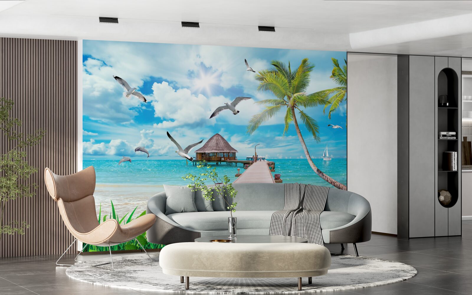 Фотошпалери чайки та пірс на березі моря