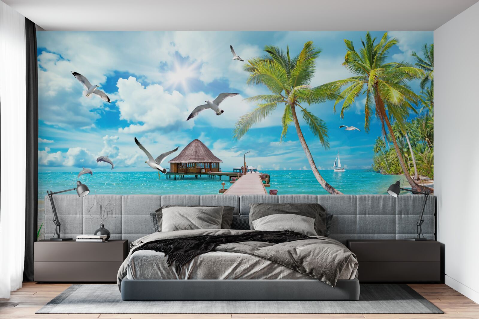 Фотошпалери чайки та пірс на березі моря