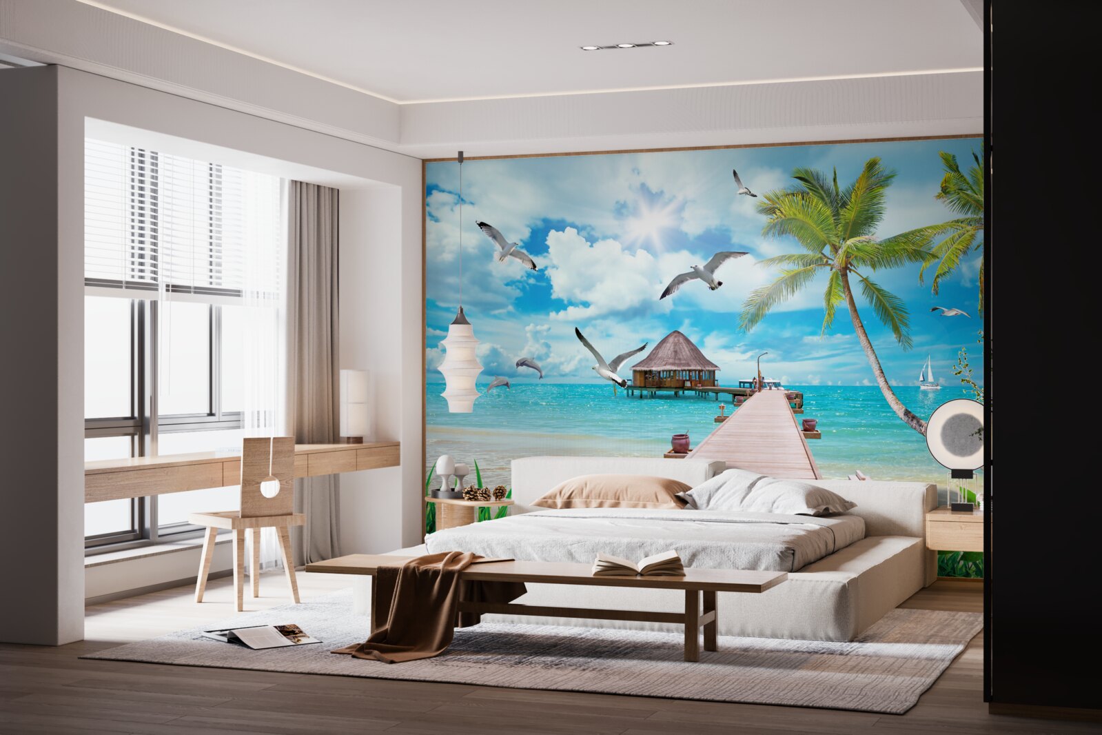 Фотошпалери чайки та пірс на березі моря