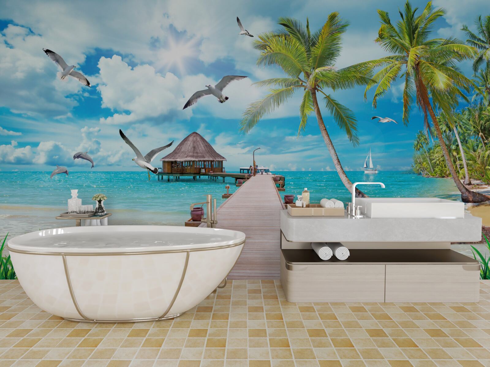 Фотошпалери чайки та пірс на березі моря