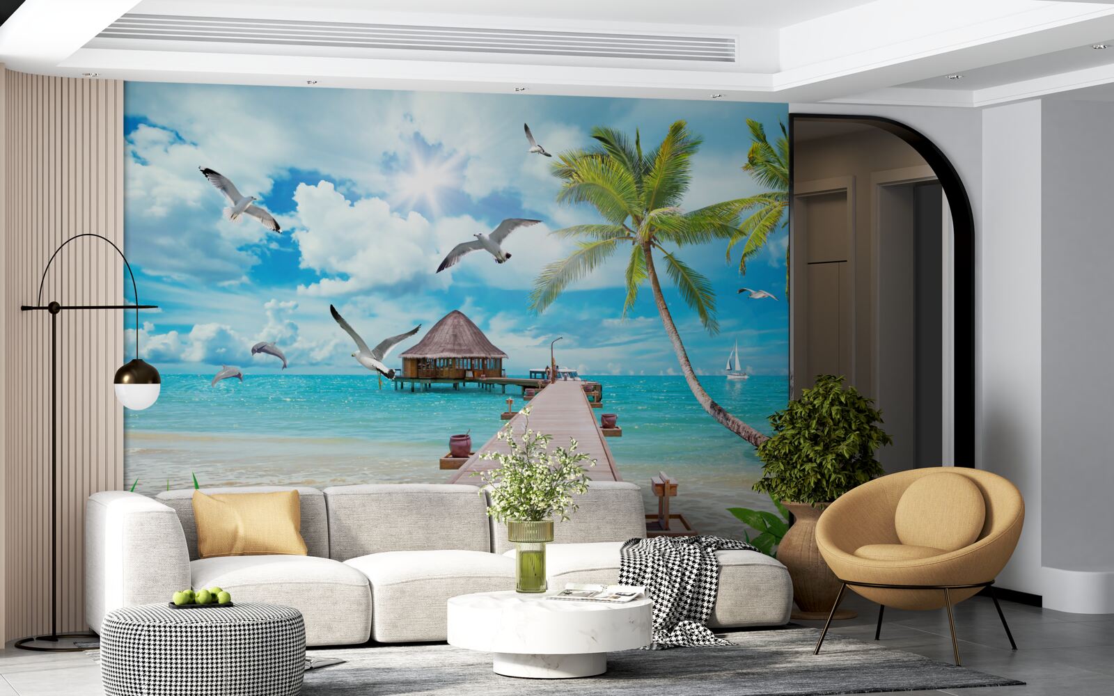 Фотошпалери чайки та пірс на березі моря