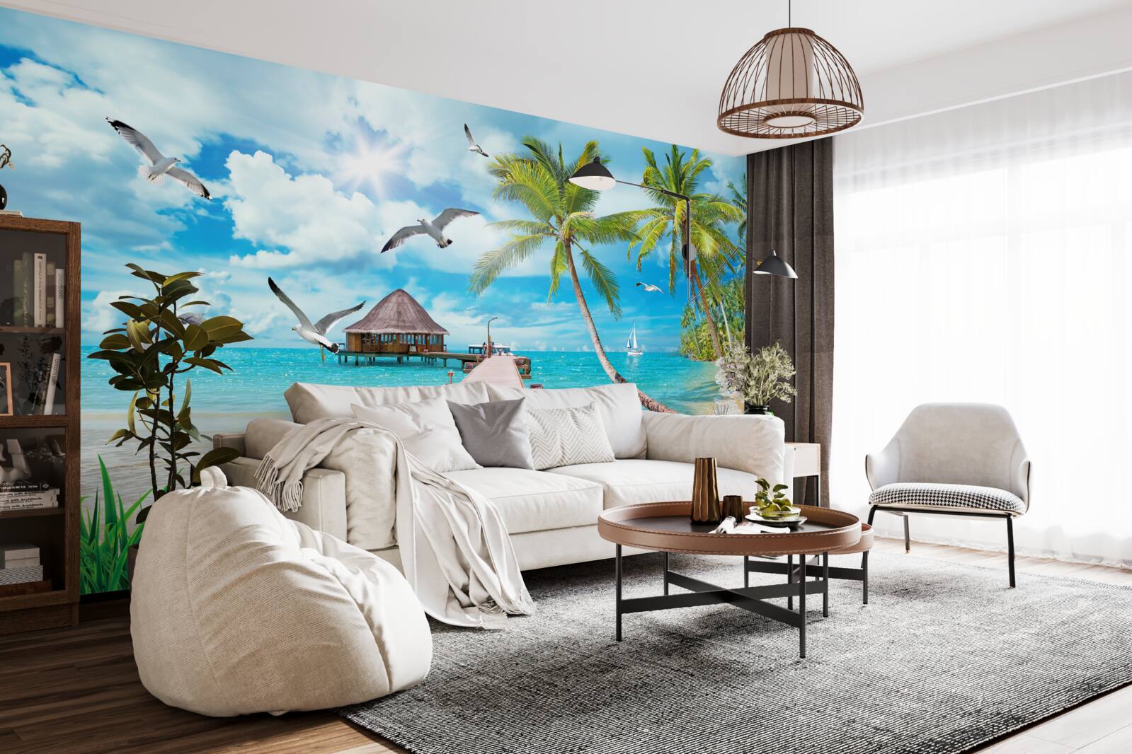 Фотошпалери чайки та пірс на березі моря