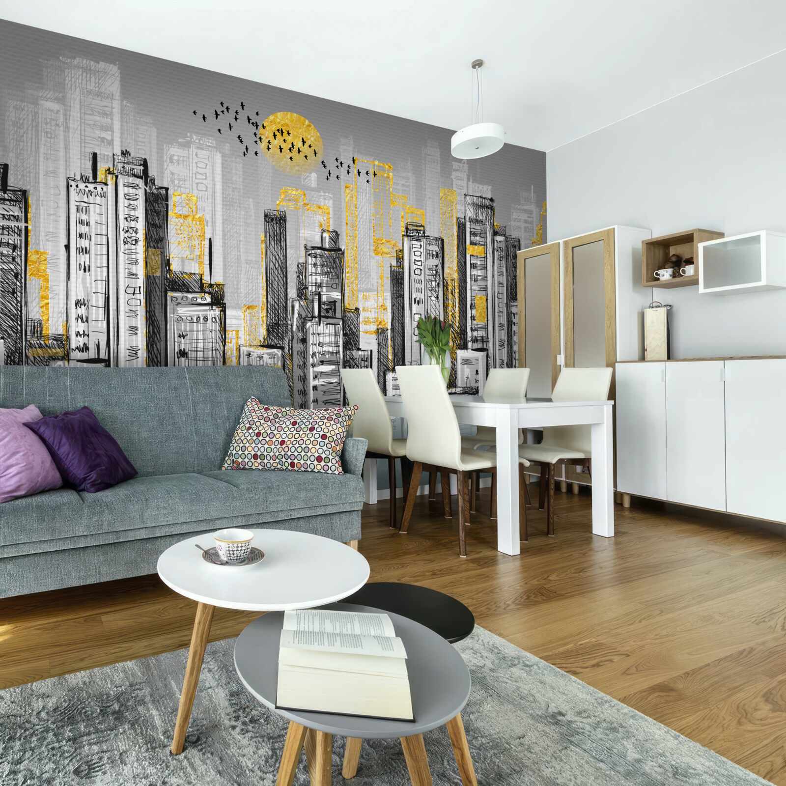 Фотошпалери сіре місто в жовтому вечірньому світлі