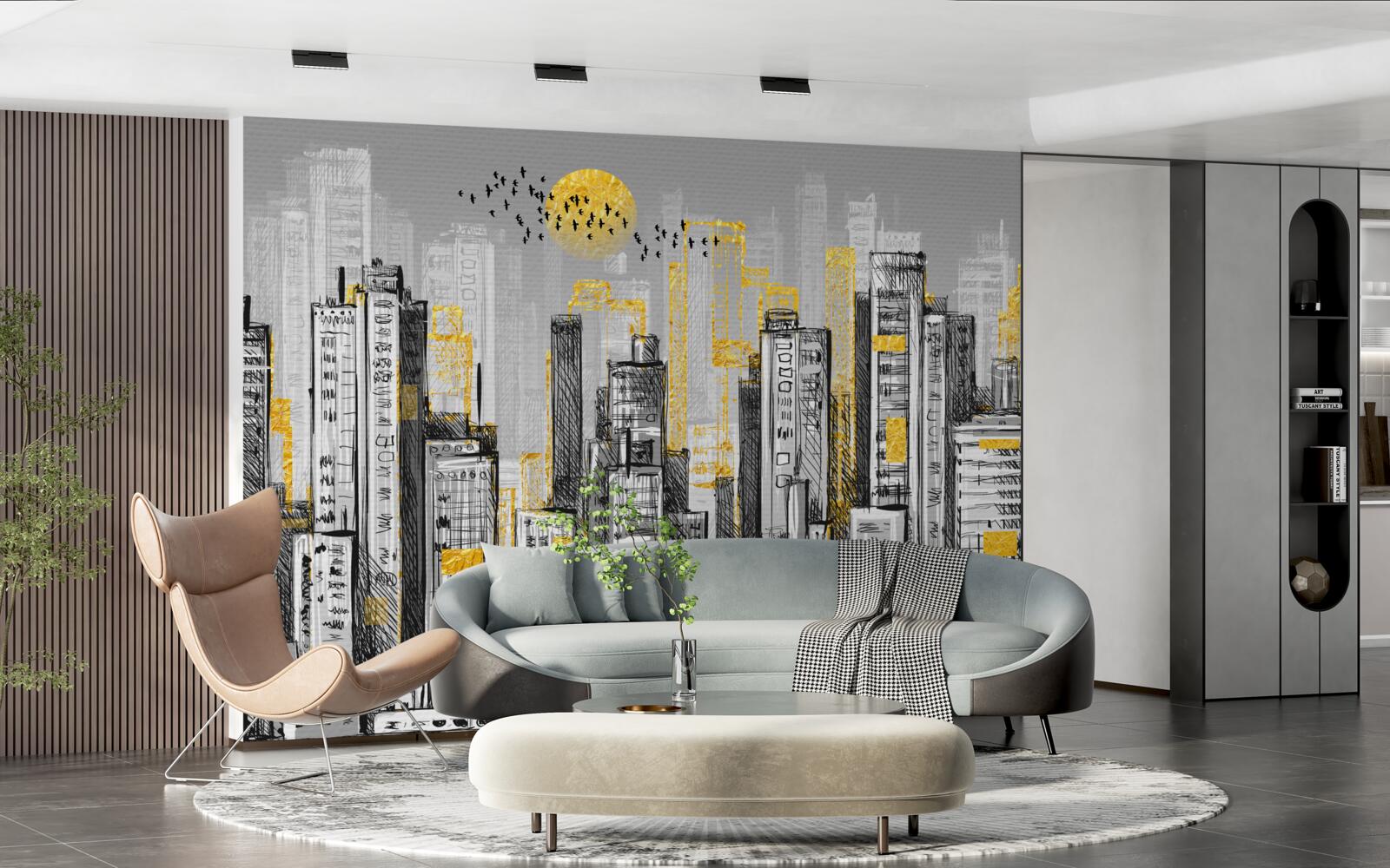 Фотошпалери сіре місто в жовтому вечірньому світлі