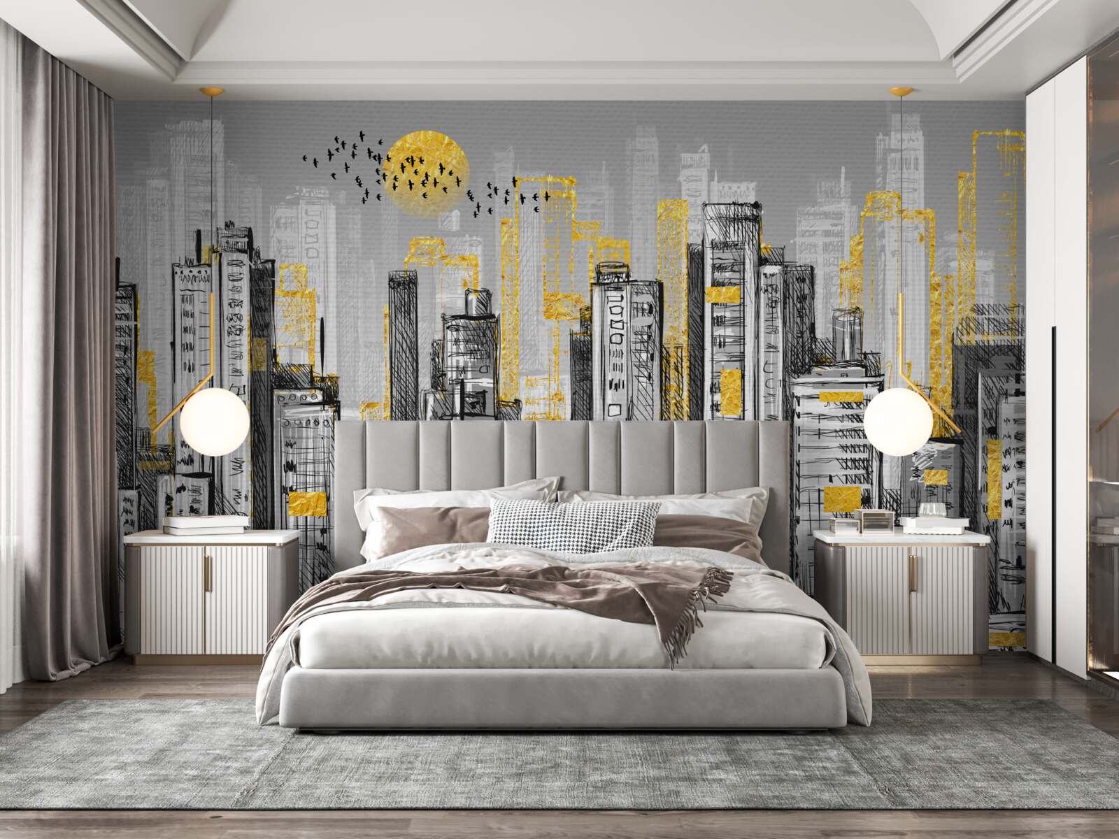 Фотошпалери сіре місто в жовтому вечірньому світлі