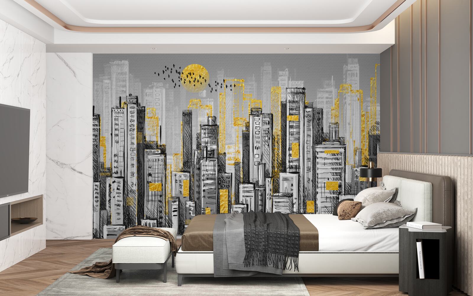 Фотошпалери сіре місто в жовтому вечірньому світлі
