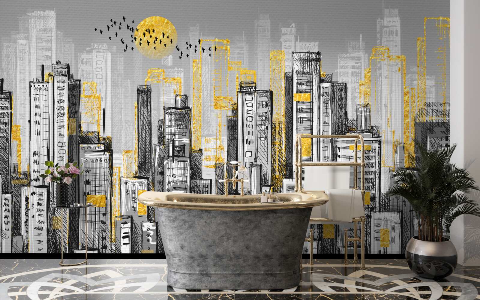 Фотошпалери сіре місто в жовтому вечірньому світлі