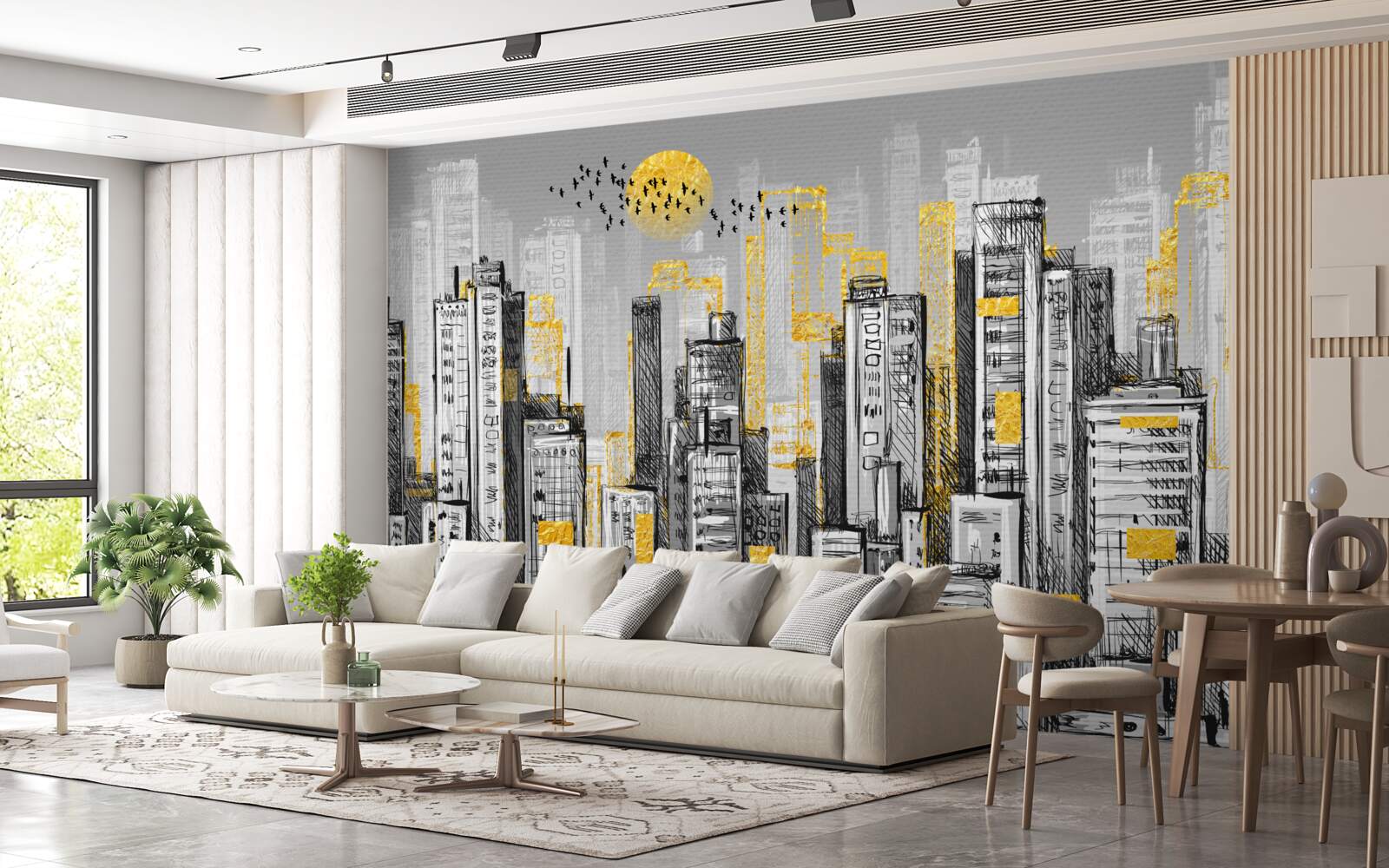 Фотошпалери сіре місто в жовтому вечірньому світлі