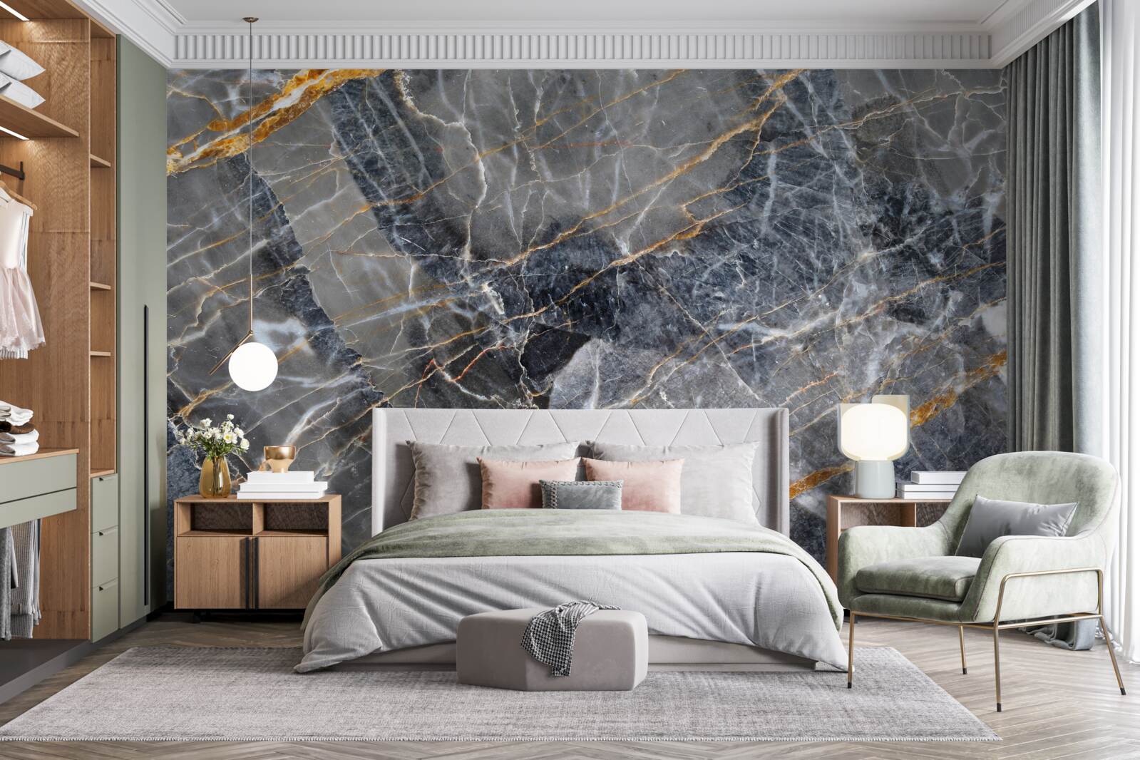 Фотошпалери чорний мармур із золотими прожилками