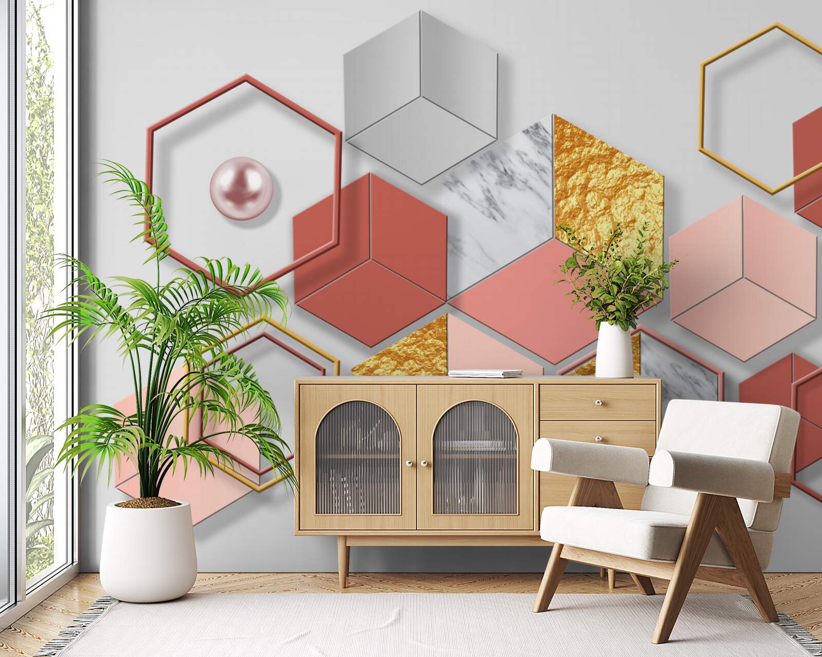 Фотошпалери бордові п'ятикутники з різним вмістом