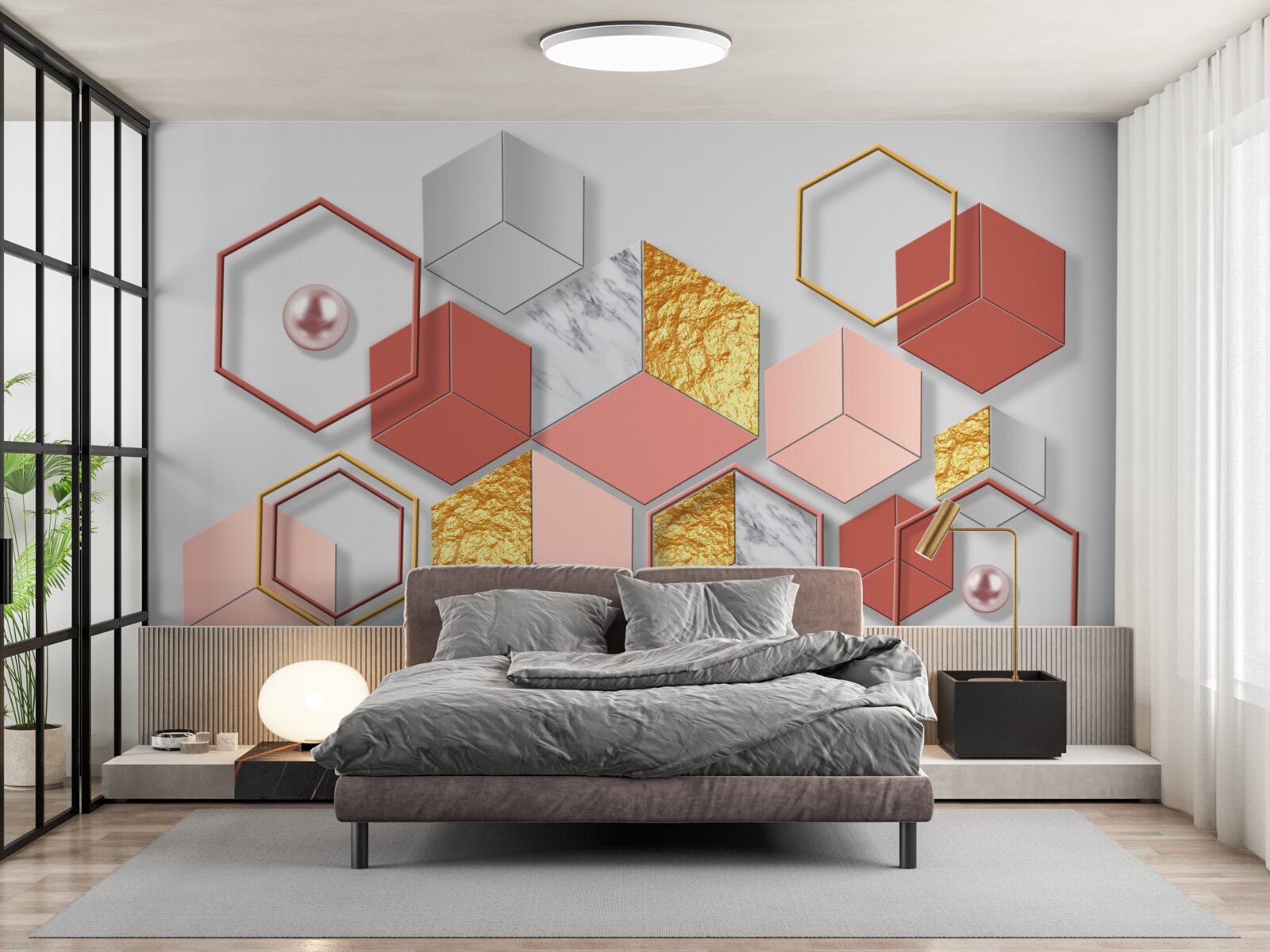 Фотошпалери бордові п'ятикутники з різним вмістом