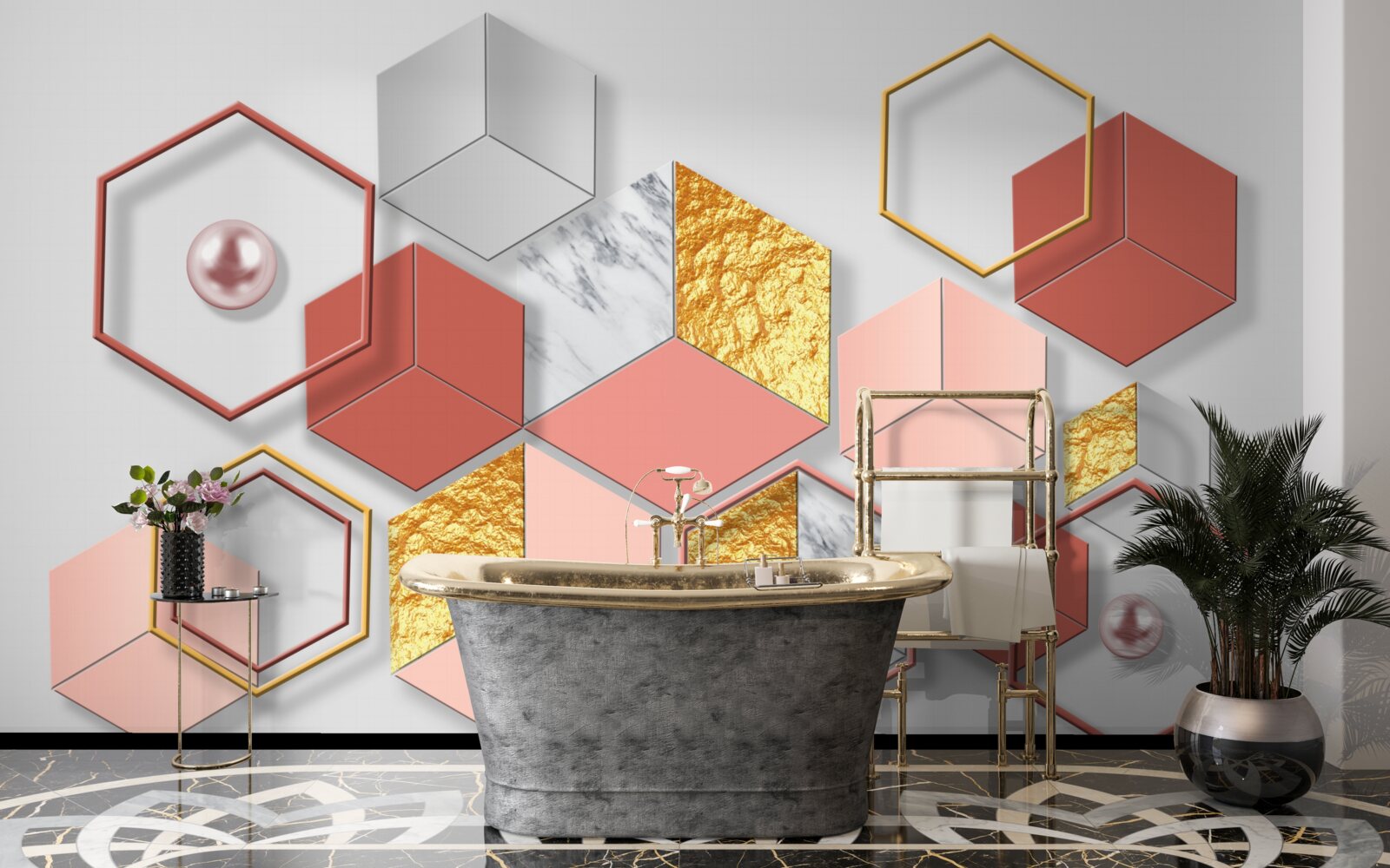 Фотошпалери бордові п'ятикутники з різним вмістом