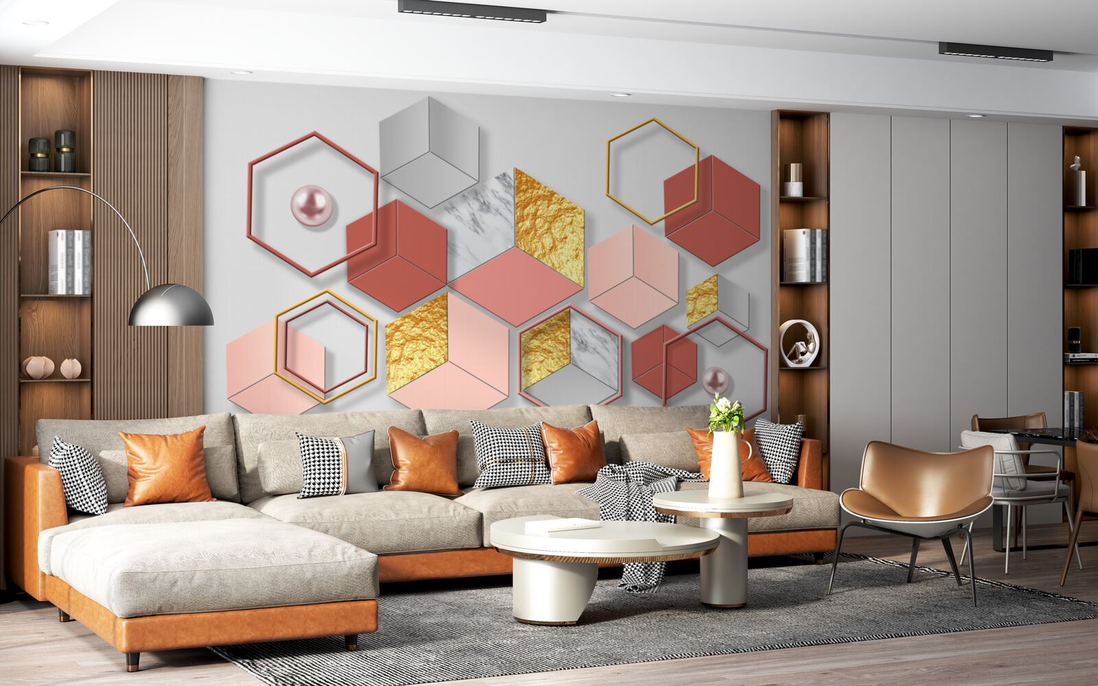 Фотошпалери бордові п'ятикутники з різним вмістом