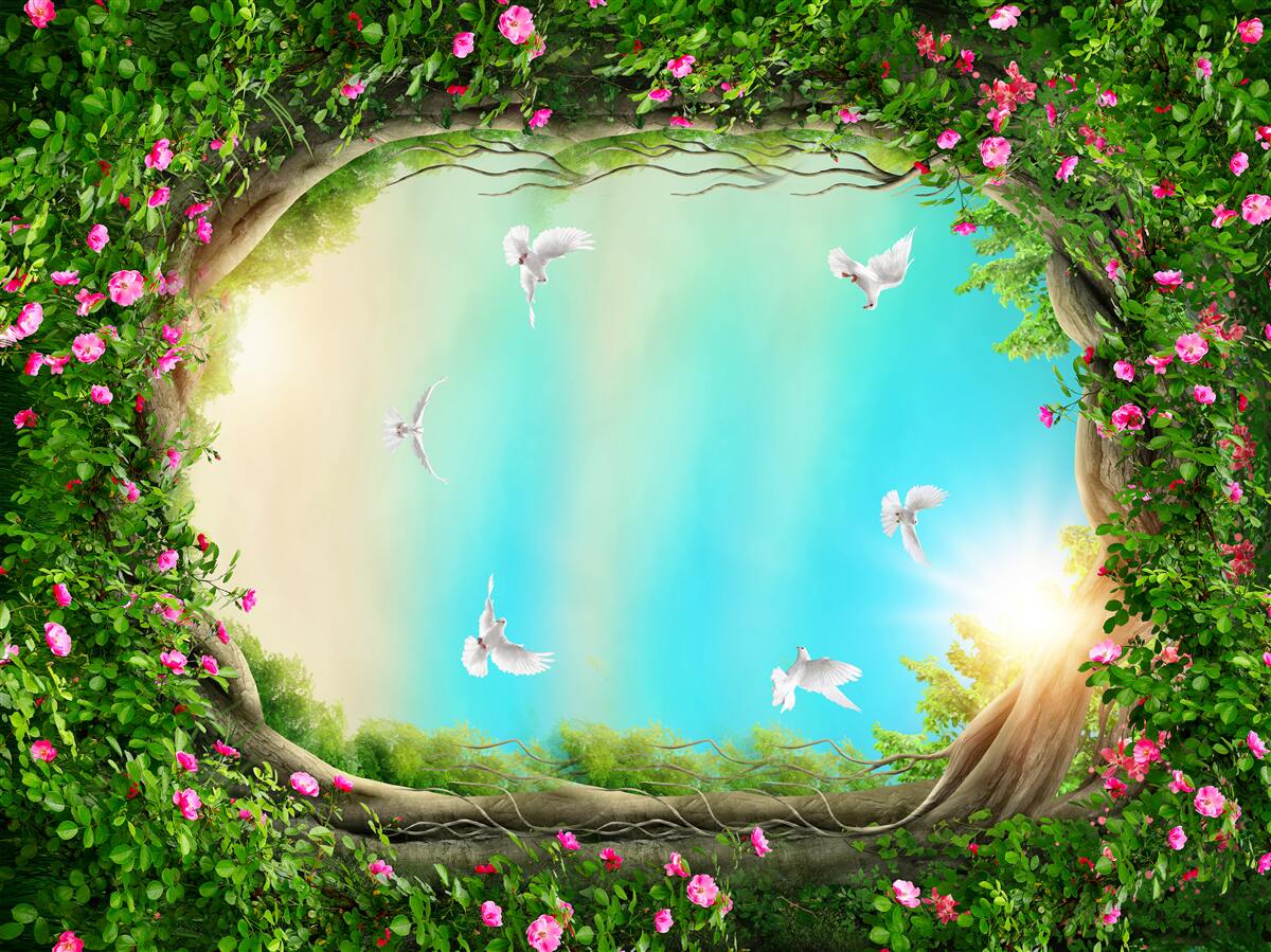 Фотошпалери у зеленому обрамленні квітів голуби ковзають по небу