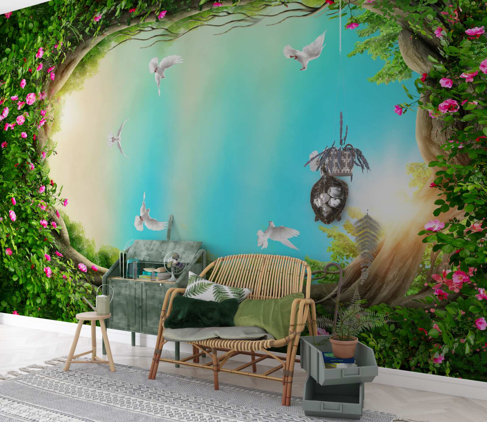 Фотошпалери у зеленому обрамленні квітів голуби ковзають по небу