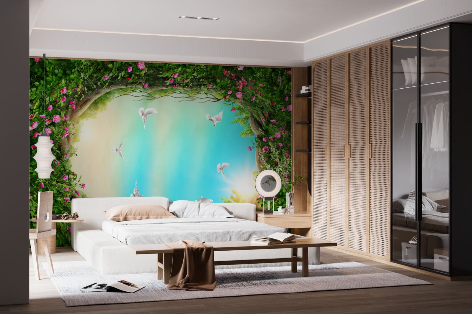 Фотошпалери у зеленому обрамленні квітів голуби ковзають по небу