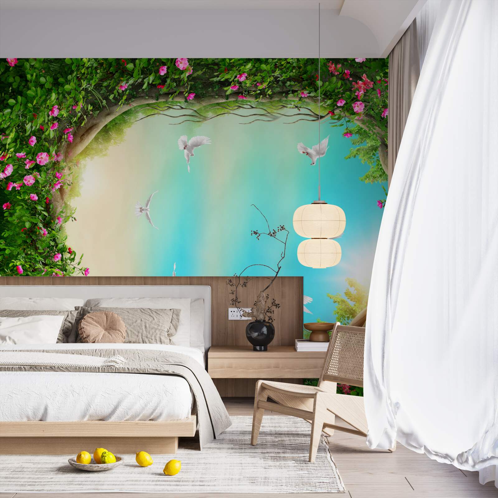 Фотошпалери у зеленому обрамленні квітів голуби ковзають по небу