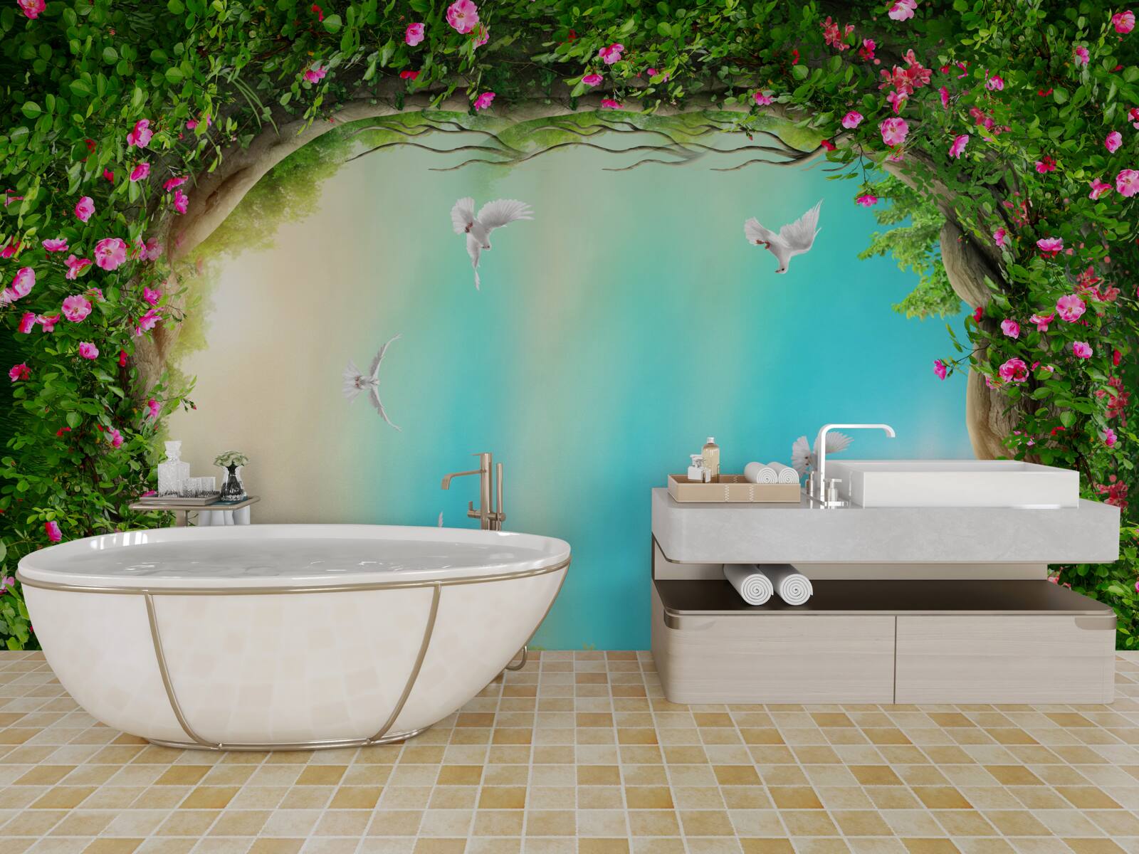 Фотошпалери у зеленому обрамленні квітів голуби ковзають по небу