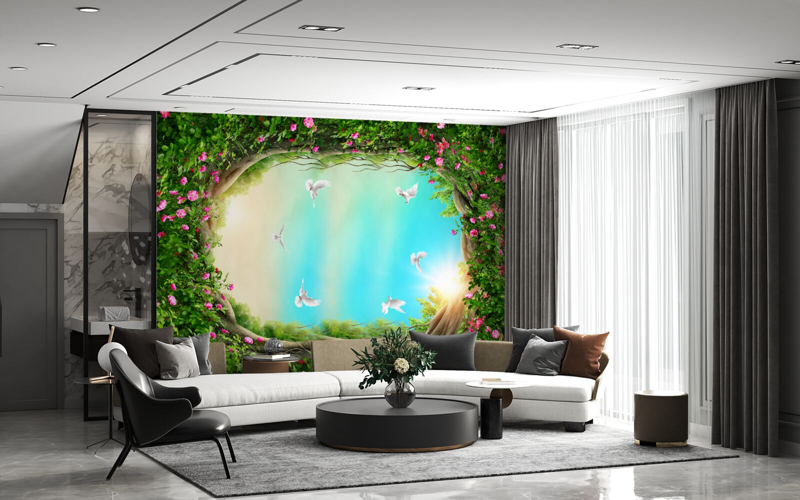 Фотошпалери у зеленому обрамленні квітів голуби ковзають по небу