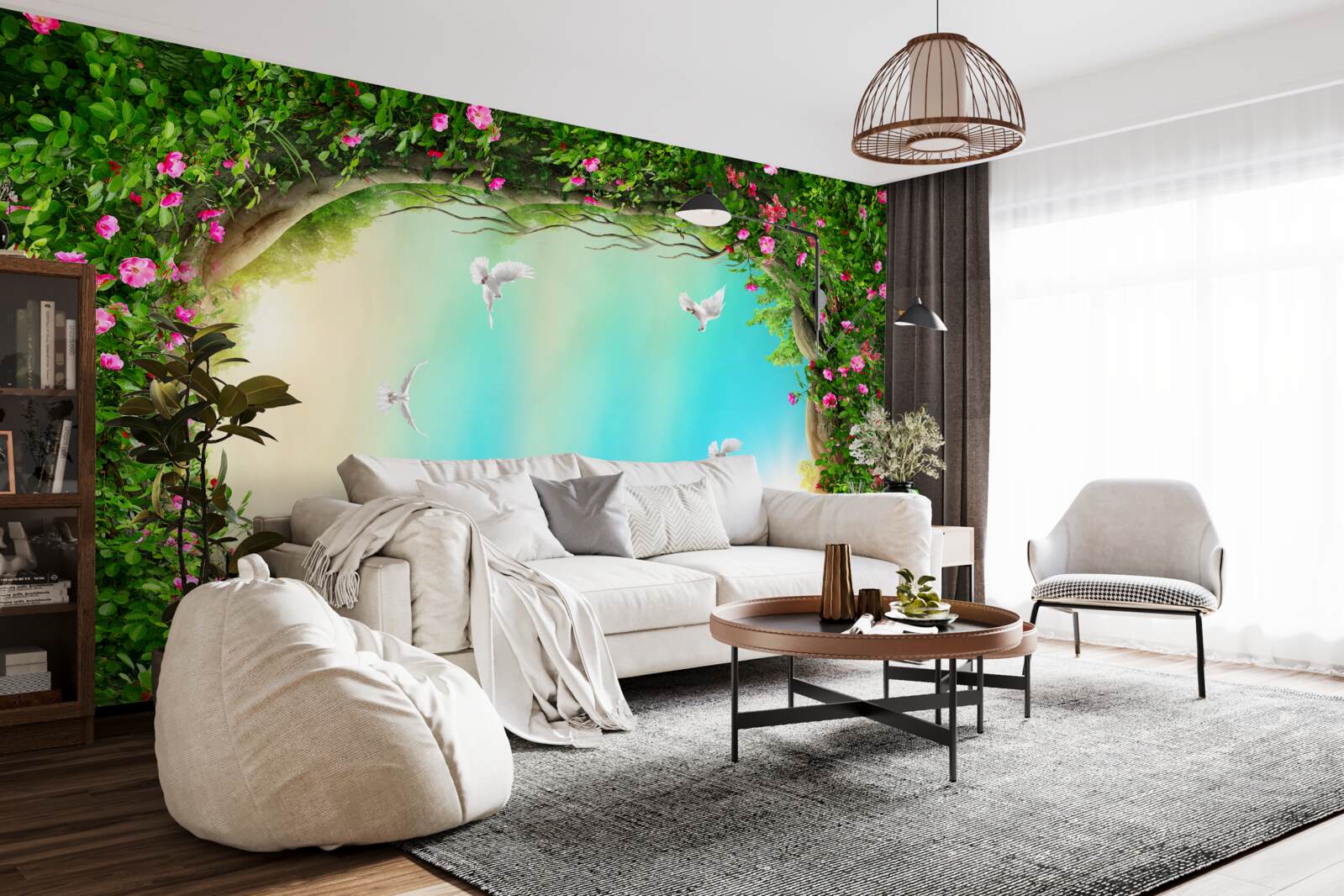 Фотошпалери у зеленому обрамленні квітів голуби ковзають по небу