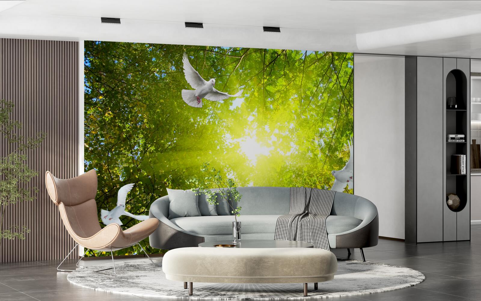 Фотошпалери птахи летять у глибині лісу