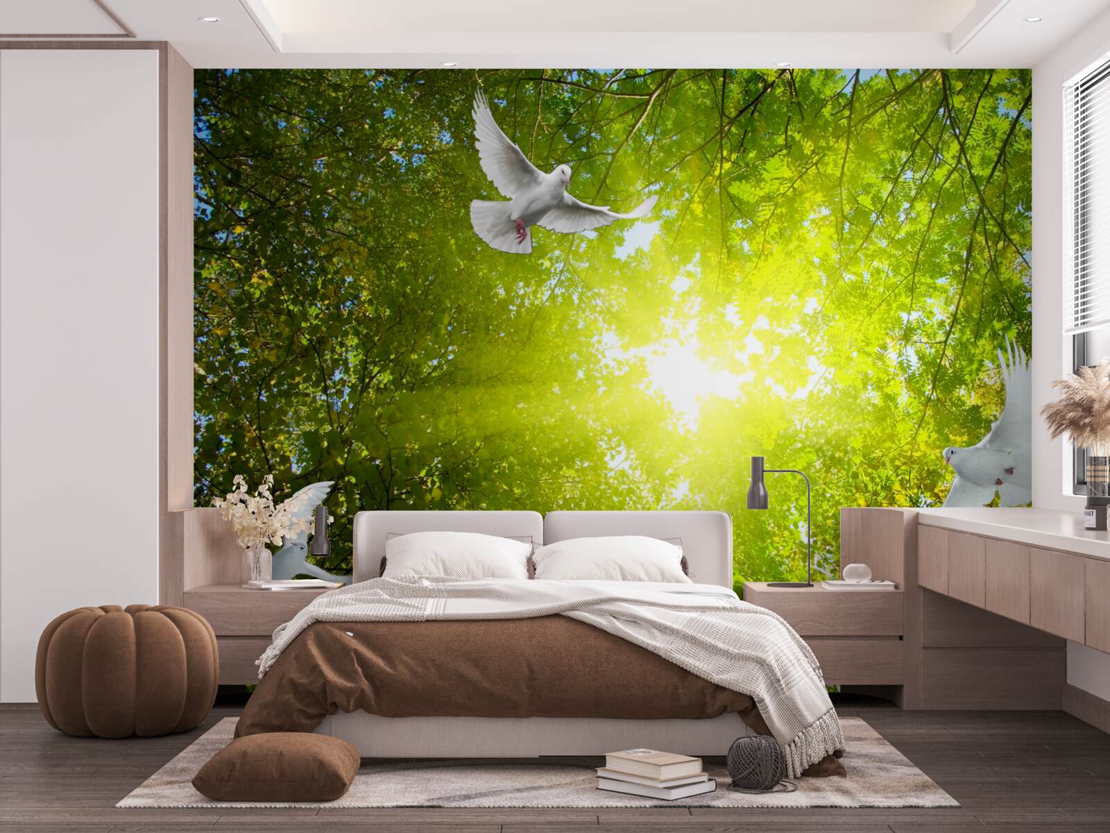 Фотошпалери птахи летять у глибині лісу