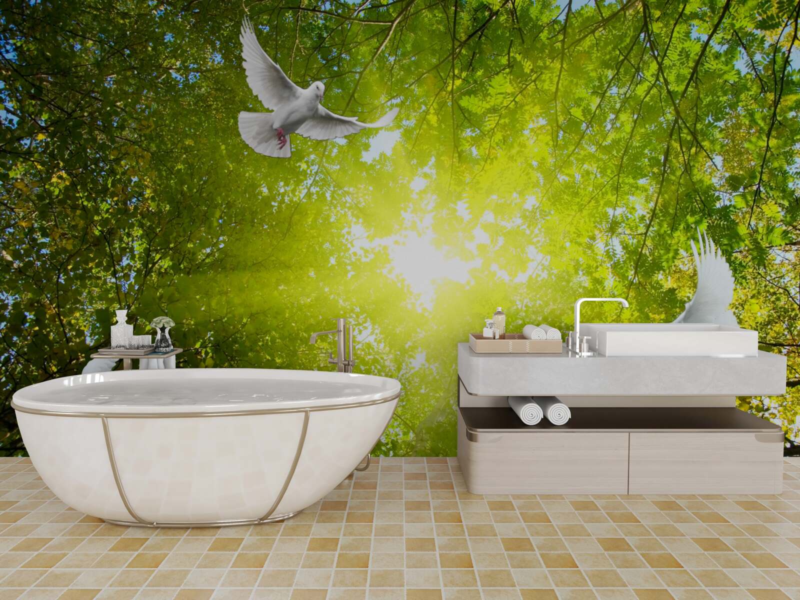 Фотошпалери птахи летять у глибині лісу