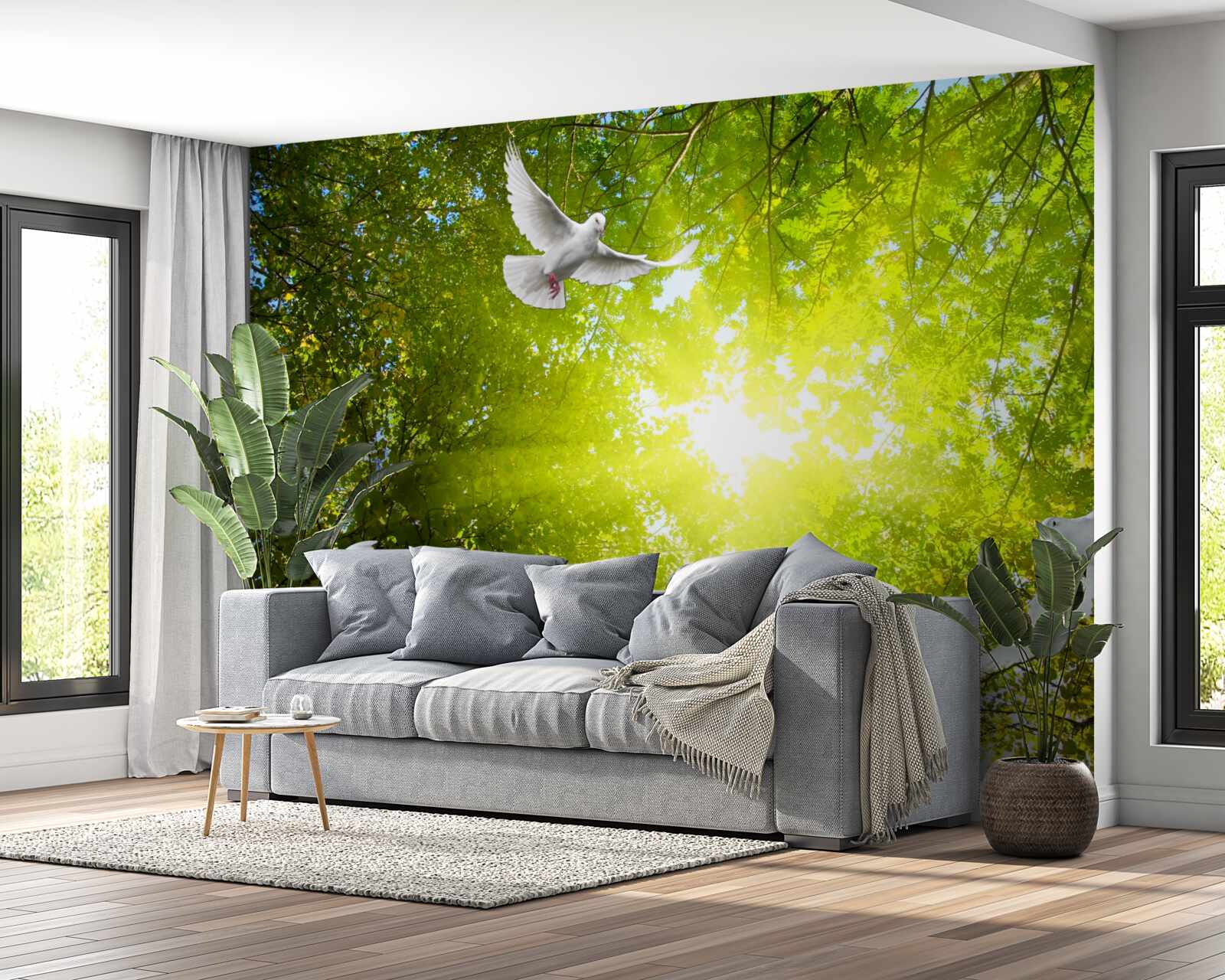 Фотошпалери птахи летять у глибині лісу