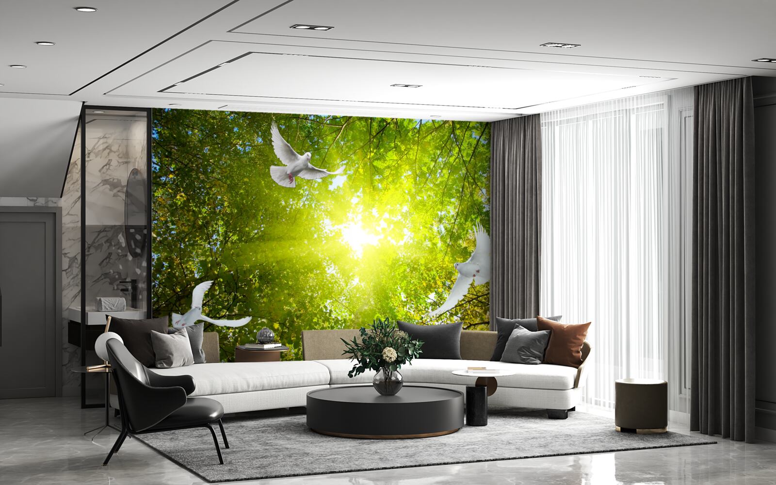 Фотошпалери птахи летять у глибині лісу